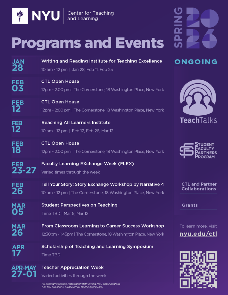 NYU CTL Programs and Events for Spring 2026 flier