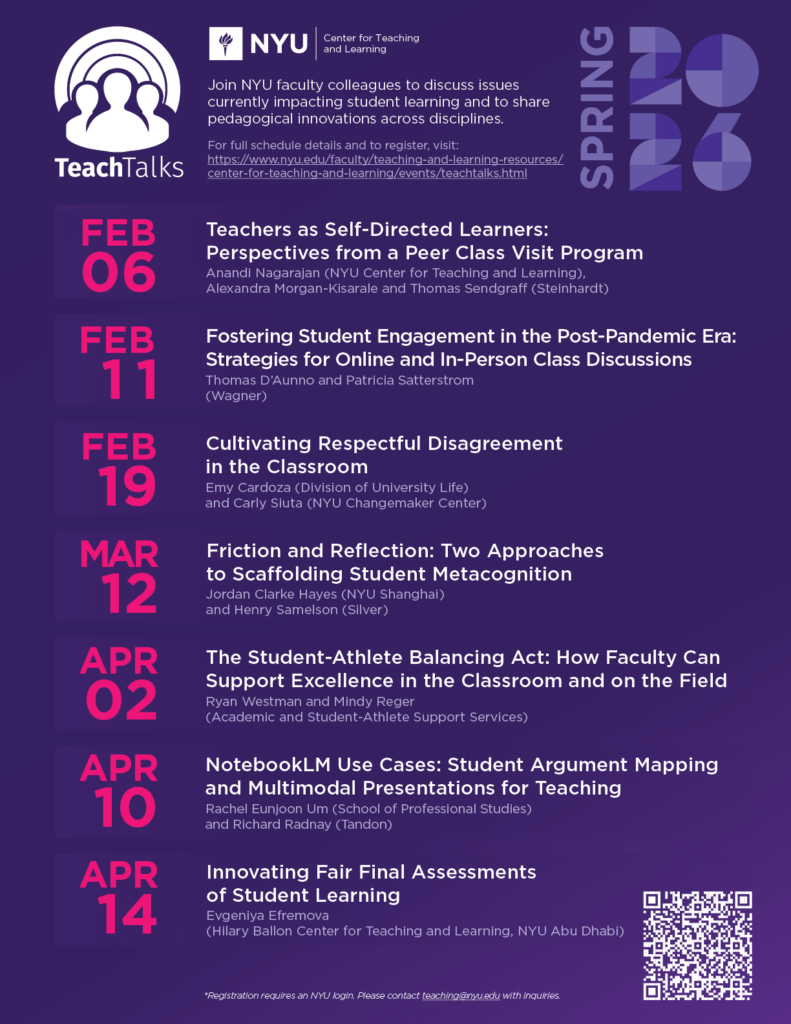 NYU CTL TeachTalks program for Spring 2026